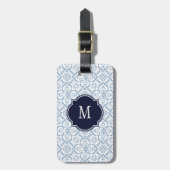 Blauw en wit Damask Monogram Bagagelabel (Voorkant verticaal)