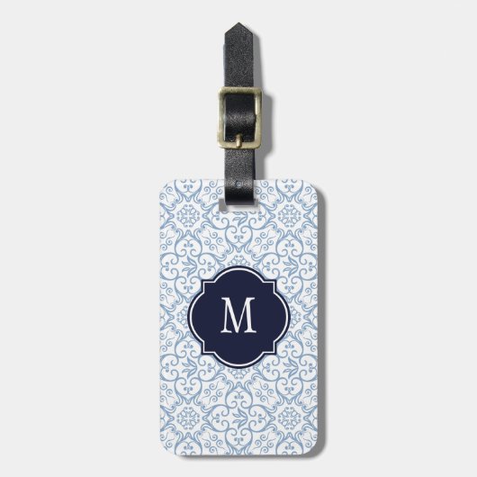 Blauw en wit Damask Monogram Bagagelabel (Voorkant verticaal)