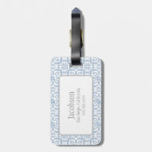 Blauw en wit Damask Monogram Bagagelabel (Achterkant verticaal)
