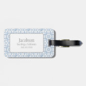 Blauw en wit Damask Monogram Bagagelabel (Achterkant horizontaal)