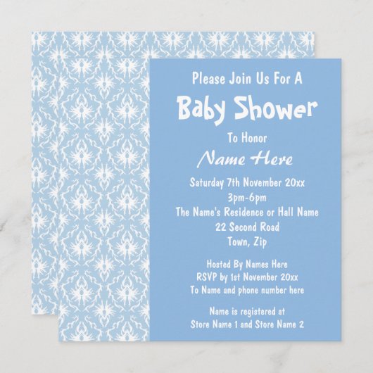 Blauw en wit Damaspatroon, aangepast Baby shower Kaart (Voorkant / Achterkant)