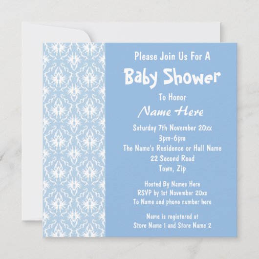 Blauw en wit Damaspatroon, aangepast Baby shower Kaart (Voorkant)