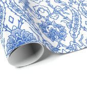 blauw en wit Damaspatroon Cadeaupapier (Rol Hoek)