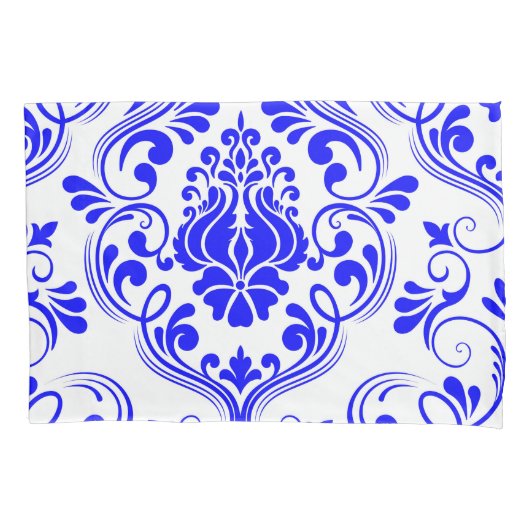 Blauw en Wit Damast Bloempatroon Elegant Kussensloop (Voorkant)