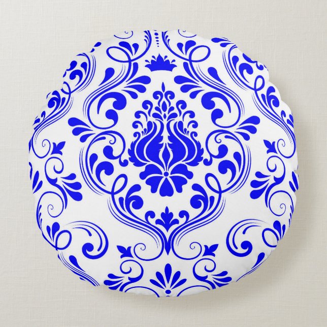 Blauw en Wit Damast Bloempatroon Elegant Rond Kussen (Voorkant)