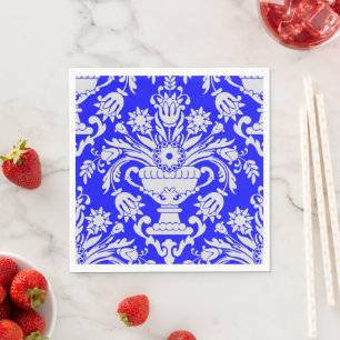 Blauw en Wit Damast Bloempatroon Elegant Servet