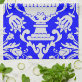 Blauw en Wit Damast Bloempatroon Elegant Theedoek (Gevouwen)