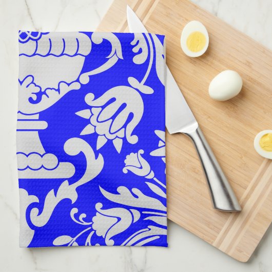 Blauw en Wit Damast Bloempatroon Elegant Theedoek (Quarter Fold)