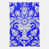 Blauw en Wit Damast Bloempatroon Elegant Theedoek (Verticaal)