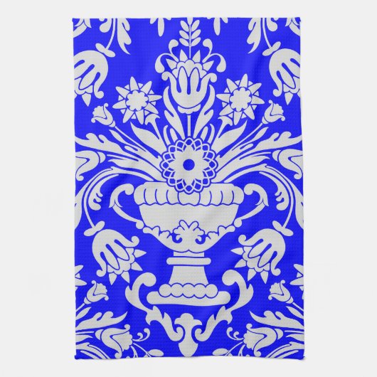 Blauw en Wit Damast Bloempatroon Elegant Theedoek (Verticaal)