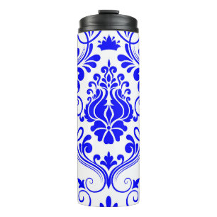 Blauw en Wit Damast Bloempatroon Elegant Thermosbeker