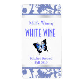 Blauw en wit Damast en Vlinder Wijn Labels (Voorkant)