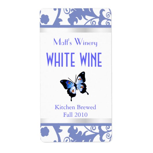 Blauw en wit Damast en Vlinder Wijn Labels (Voorkant)