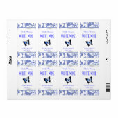 Blauw en wit Damast en Vlinder Wijn Labels (Full Sheet)
