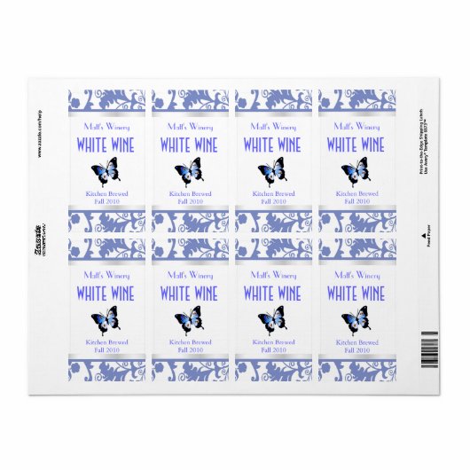 Blauw en wit Damast en Vlinder Wijn Labels (Full Sheet)