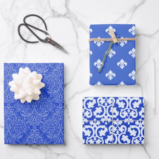 Blauw en wit damast inpakpapier vel (Voorkant)