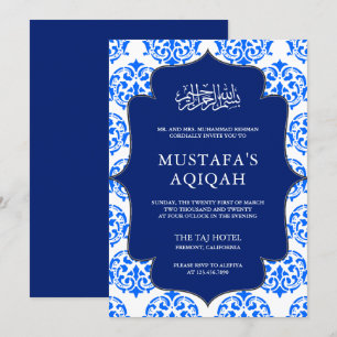 Blauw en wit damasten islamitische aqiqah-ceremoni kaart
