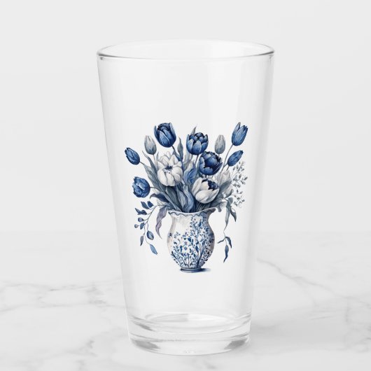 Blauw en wit Delft stijl tulp boeket ontwerp Glas (Voorkant)