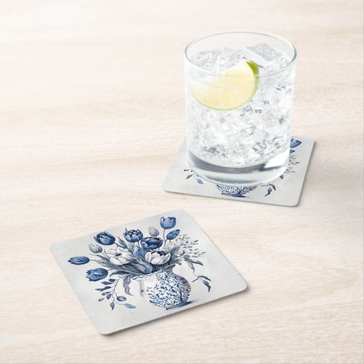 Blauw en wit Delft stijl tulp boeket ontwerp Kartonnen Onderzetters (Insitu)