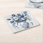 Blauw en wit Delft stijl tulp boeket ontwerp Kartonnen Onderzetters (Schuin)