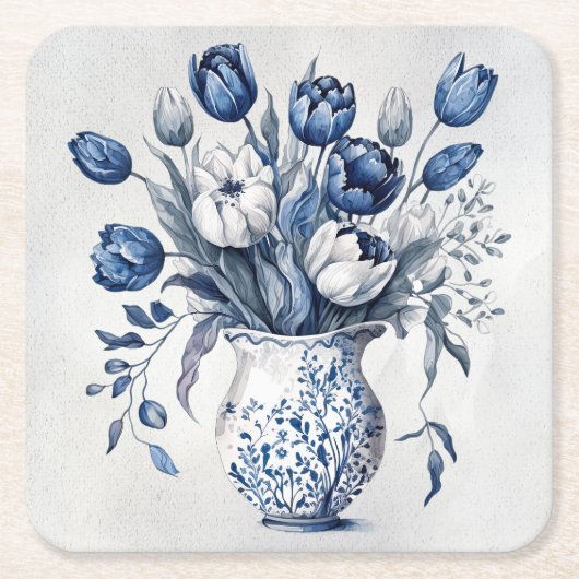 Blauw en wit Delft stijl tulp boeket ontwerp Kartonnen Onderzetters (Voorkant)