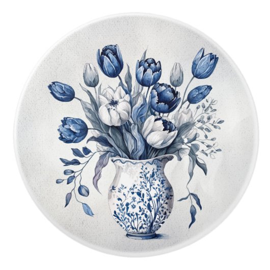 Blauw en wit Delft stijl tulp boeket ontwerp Keramische Knop (Voorkant)