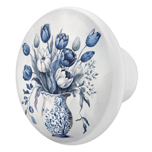 Blauw en wit Delft stijl tulp boeket ontwerp Keramische Knop (Rechts)