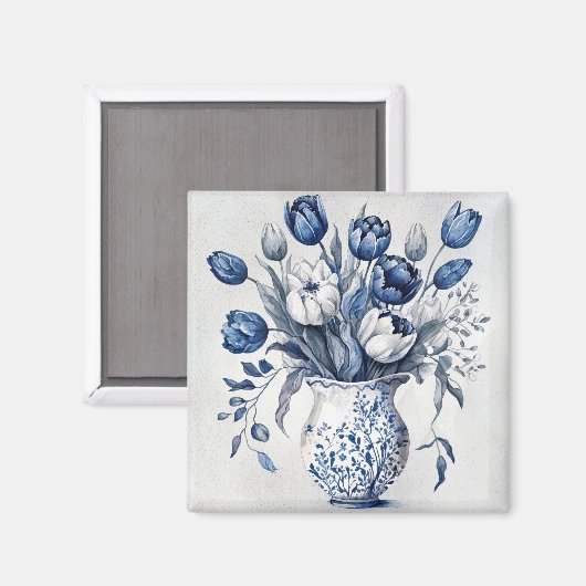 Blauw en wit Delft stijl tulp boeket ontwerp Magneet (Voorkant / Achterkant)