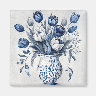 Blauw en wit Delft stijl tulp boeket ontwerp Magneet