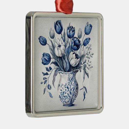 Blauw en wit Delft stijl tulp boeket ontwerp Metalen Ornament (Rechts)