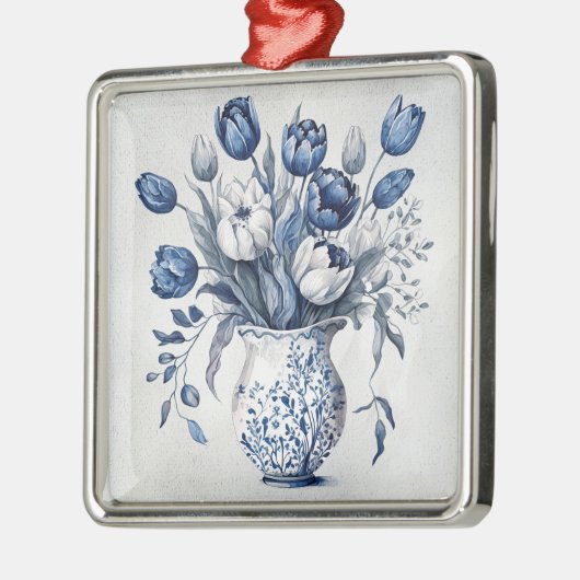 Blauw en wit Delft stijl tulp boeket ontwerp Metalen Ornament (Links)