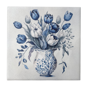 Blauw en wit Delft stijl tulp boeket ontwerp Tegeltje