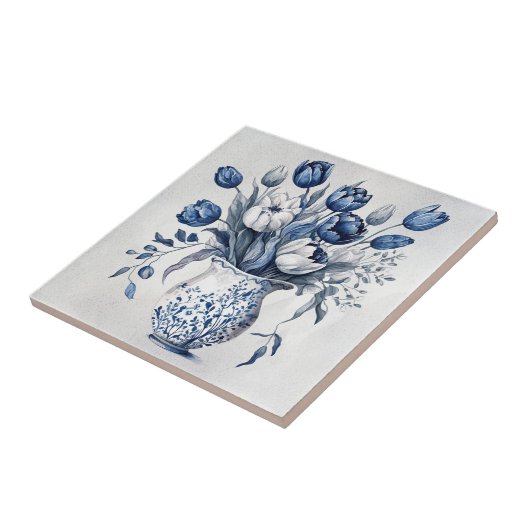Blauw en wit Delft stijl tulp boeket ontwerp Tegeltje (Zijkant)