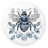 Blauw en wit Delfts stijl bijenontwerp met bloemen Keramische Knop (Voorkant)