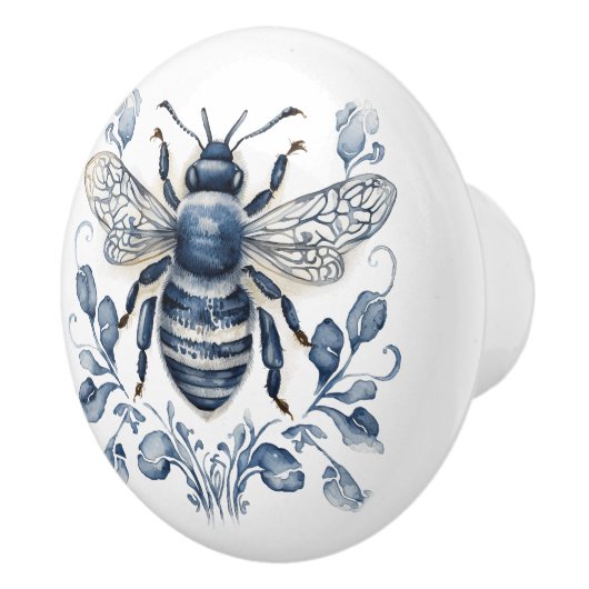 Blauw en wit Delfts stijl bijenontwerp met bloemen Keramische Knop (Rechts)