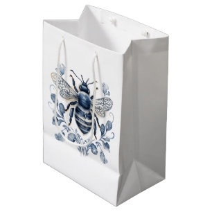 Blauw en wit Delfts stijl bijenontwerp met bloemen Medium Cadeauzakje