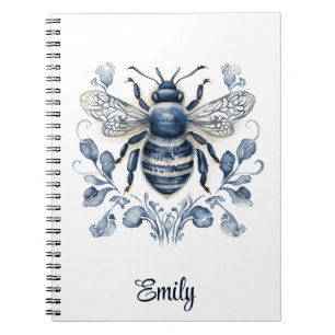 Blauw en wit Delfts stijl bijenontwerp met bloemen Notitieboek
