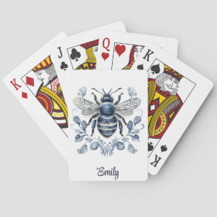 Blauw en wit Delfts stijl bijenontwerp met bloemen Pokerkaarten