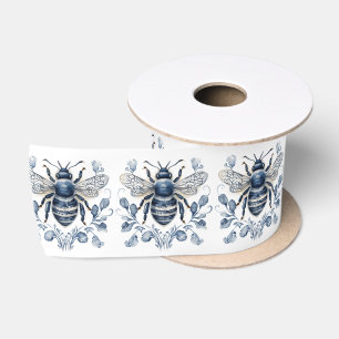 Blauw en wit Delfts stijl bijenontwerp met bloemen Satijnen Lint