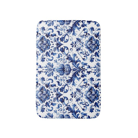 Blauw en wit Delfts stijl bloemenpatroon van ornam Badmat (Voorkant Verticaal)