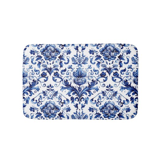 Blauw en wit Delfts stijl bloemenpatroon van ornam Badmat (Voorkant)