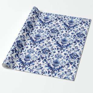 Blauw en wit Delfts stijl bloemenpatroon van ornam Cadeaupapier