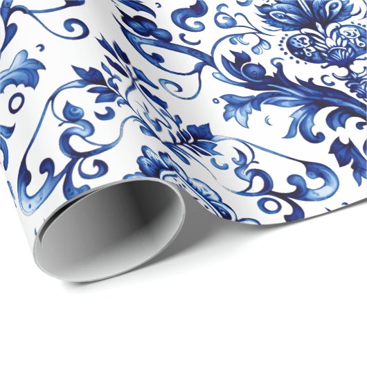 Blauw en wit Delfts stijl bloemenpatroon van ornam Cadeaupapier (Rol Hoek)