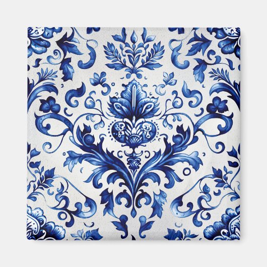 Blauw en wit Delfts stijl bloemenpatroon van ornam Magneet (Voorkant)