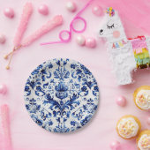 Blauw en wit Delfts stijl bloemenpatroon van ornam Papieren Bordje (Feest)