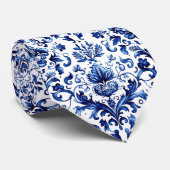 Blauw en wit Delfts stijl bloemenpatroon van ornam Stropdas (Opgerold)