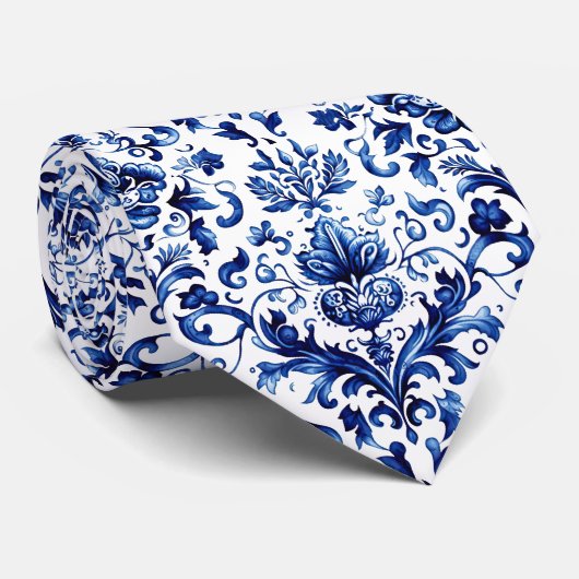 Blauw en wit Delfts stijl bloemenpatroon van ornam Stropdas (Opgerold)