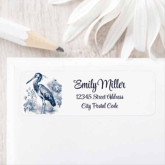 Blauw en wit Delfts stijl kunstreiger met bloemen Etiket (Insitu)