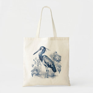 Blauw en wit Delfts stijl kunstreiger met bloemen Tote Bag