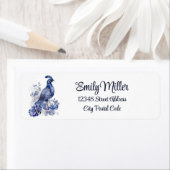 Blauw en wit Delfts stijl pauw met bloemen Etiket (Insitu)